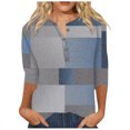 thumbnail image 1 of Women's Cotton T Shirt,2024 Fashion Seven Sleeve Shirt Summer V Neck Long Shirt Women's Trendy Shirt Casual Plaid Printed Buttons Tops(Size:XL), 1 of 4