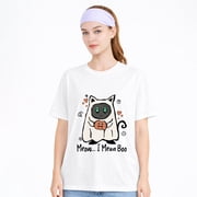 Women's Cotton T-Shirt, Cat Ghost Meow Boo Cute Graphic Crew Neck Short Sleeve Tee for Halloween Party