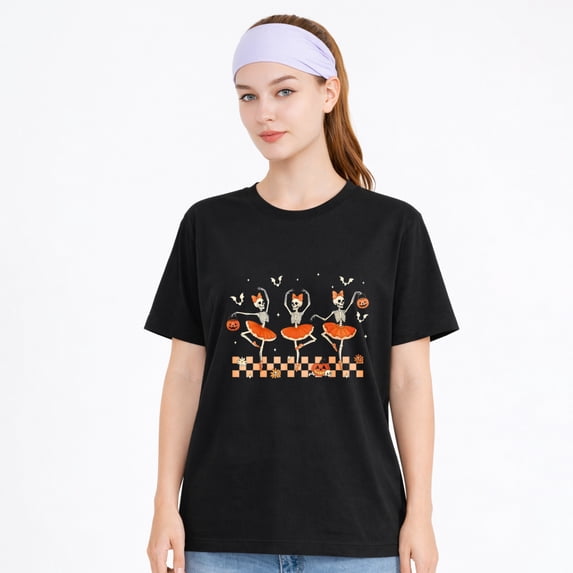Women's Cotton T-Shirt Dancing Skeleton Ghost Graphic Halloween Tee