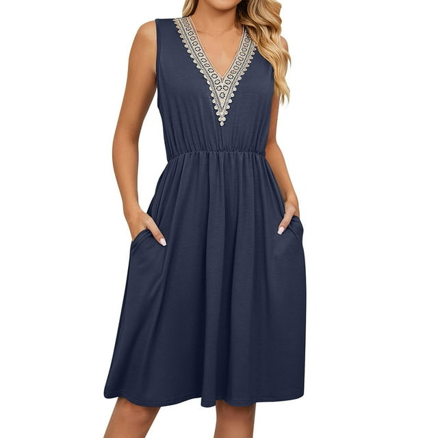 Women's Casual Cotton T Shirt Midi Boho Dress, Sleeveless Swing with ...