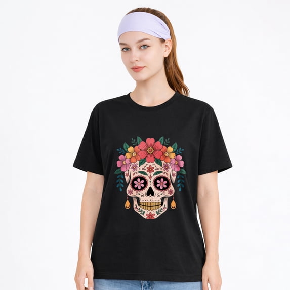 Women's Cotton T-Shirt Floral Sugar Skull Graphic Halloween Tee