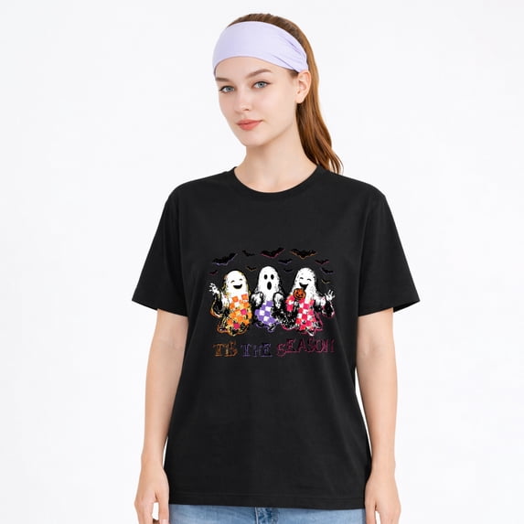 Women's Cotton T-Shirt Ghost Trio Floral Graphic Halloween Tee