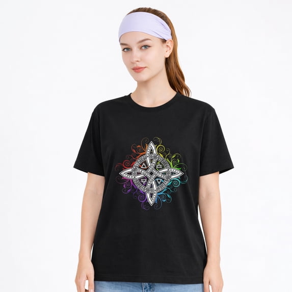 Women's Cotton T-Shirt, Rainbow Celtic Knot Mystic Graphic Crew Neck Short Sleeve Tee for Casual Wear