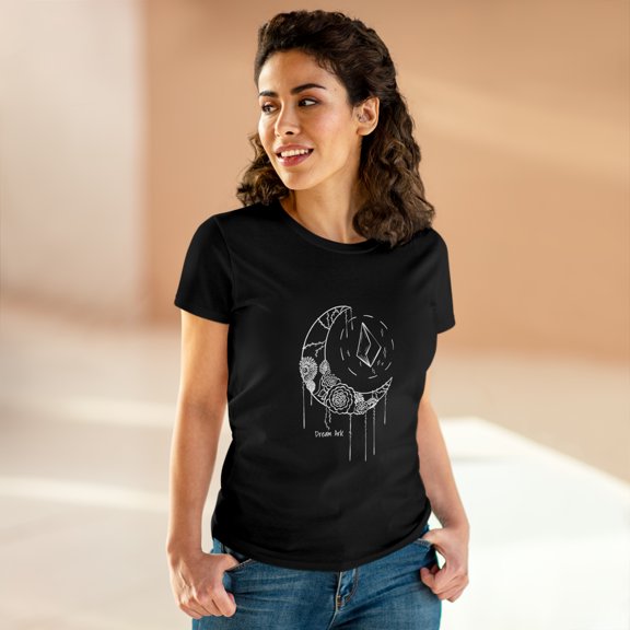 Women's Cotton T-Shirt with Floral Moon Design, Original Artwork Modern and Stylish