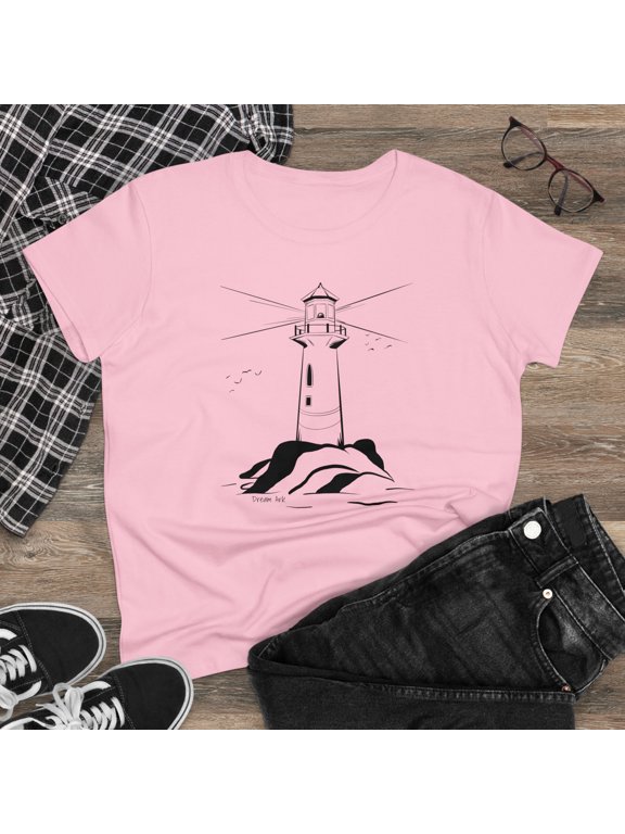 Women's Cotton T-Shirt with Lighthouse Design, Original Artwork Modern and Stylish