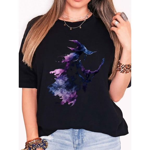 Women's Cotton T - Shirt with Watercolor Witch Halloween Graphic