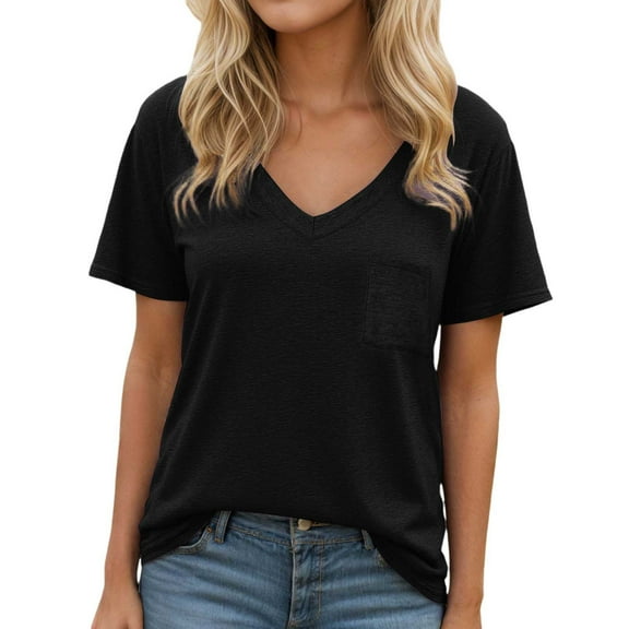 Women's Cotton T-Shirts with Chest Pocket Short Sleeve Soft V Neck Tees Loose Fit Casual Summer Tops Tshirts (S, Black)