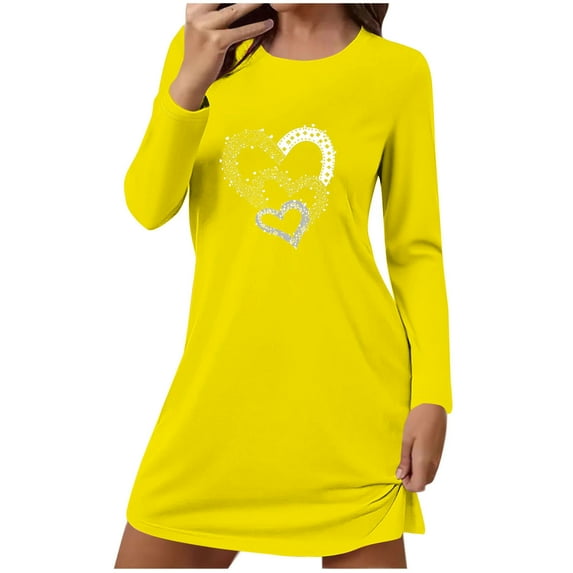 Women's Cotton T-shirt Dress Love Hearts Print Soft Pajama Sleep Short Nightgown Long Sleeve Valentines Outfits (2XL, Yellow)