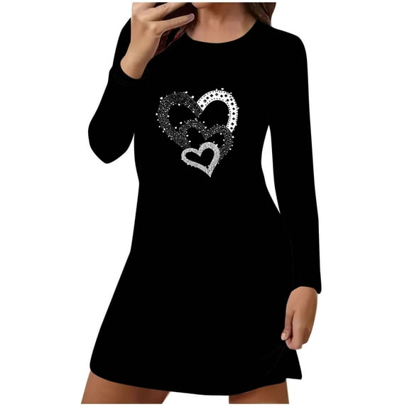 Women's Cotton T-shirt Dress Love Hearts Print Soft Pajama Sleep Short Nightgown Long Sleeve Valentines Outfits (L, Black)