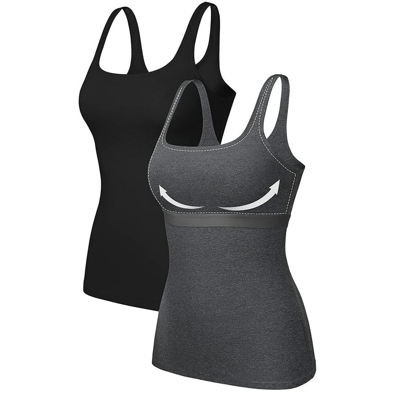 Women's Cotton Tank Top with Built-in Shelf Bra Square Neck Camisoles,  2-Pack