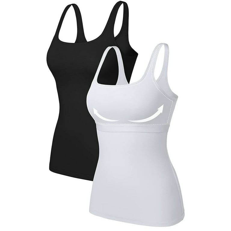 Women's Cotton Tank Top with Built-in Shelf Bra Square Neck Camisoles,  2-Pack