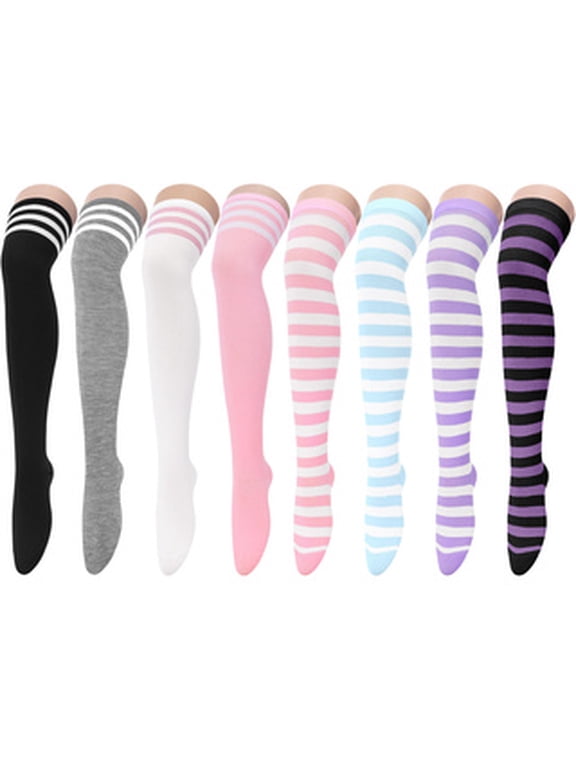 Women’s Cotton Thigh High Socks Over The Knee - 8 Pack Striped Long Boot Socks for Daily Use, Sports, and Cosplay