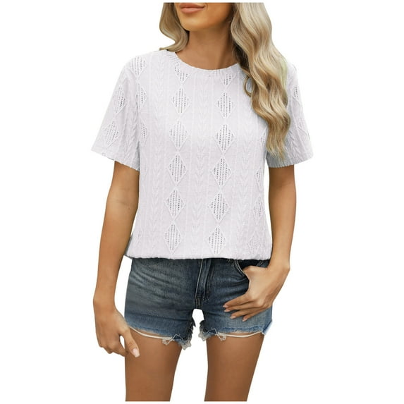 Women's Cotton Tops Eyelet Embroidered Summer Casual Crew Neck Short Sleeve Shirts Solid Color Fashion Tees Blouses (XL, White)