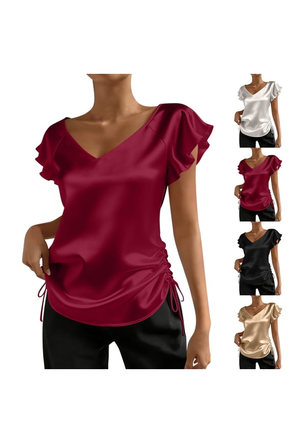 Women's Cotton Tops Ihhxva V-Neck Satin Blouse with Side Drawstring Ruffle Sleeve Top Flowy Casual Summer Office Party S-2XL