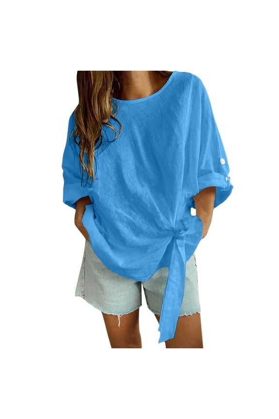Women's Cotton Tops Round Neck Roll up Sleeve Twist Knot T Shirts Trendy Loose Fit Cute Tunic Blouses
