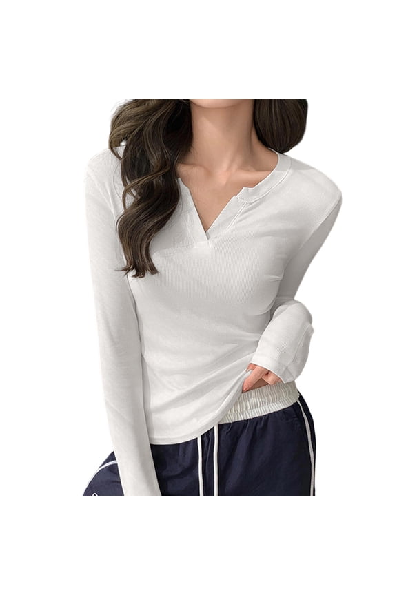 Women's Cotton Tops Slim Fitted Crew Neck/ V-neck Long Sleeve Base Layer T-Shirts Casual Solid Color Tees (XL, White|V-neck)