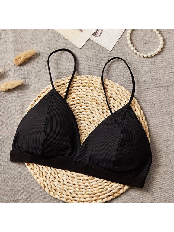 Women's Cotton Triangle Thread Thin Shoulder Strap Beauty Back Bra Sexy Deep V-Neck Solid Color Comfortable Bra Tube Top,Black