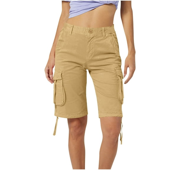 Women's Cotton Twill Cargo Shorts High Waisted Stretch Long Shorts with Multi Pockets Casual Summer Pants (30, Khaki)