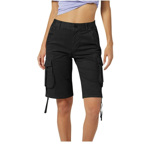 Women's Cotton Twill Cargo Shorts High Waisted Stretch Long Shorts with Multi Pockets Casual Summer Pants (31, Black)