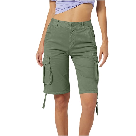 Women's Cotton Twill Cargo Shorts High Waisted Stretch Long Shorts with Multi Pockets Casual Summer Pants (33, Army Green)