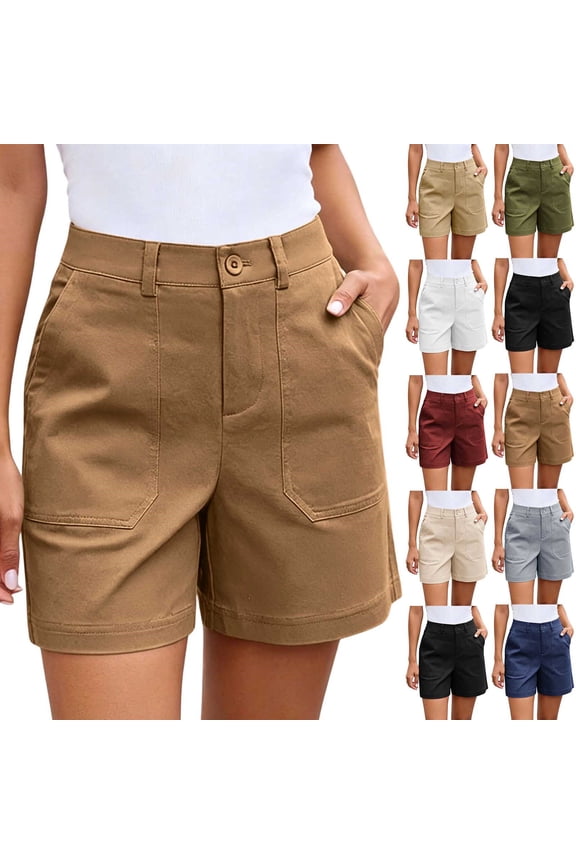 Women's Cotton Twill High Waisted Shorts, Stretchy Waisted Straight Leg Cut, Functional Side Pockets Utility Workwear Tailored Finish, Summer Business Casual Office Professional Outing, | Velmuse