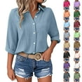 thumbnail image 1 of Women's Cotton V Neck Shirt Rolled Sleeve Button Front Beach Casual Top, 1 of 9