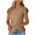 thumbnail image 1 of Women's Cotton V Neck T Shirts Loose Fit Casual Loose Ruffle Short Sleeve Tops Summer Casual Solid Color Tunic Blouses (Khaki L), 1 of 1
