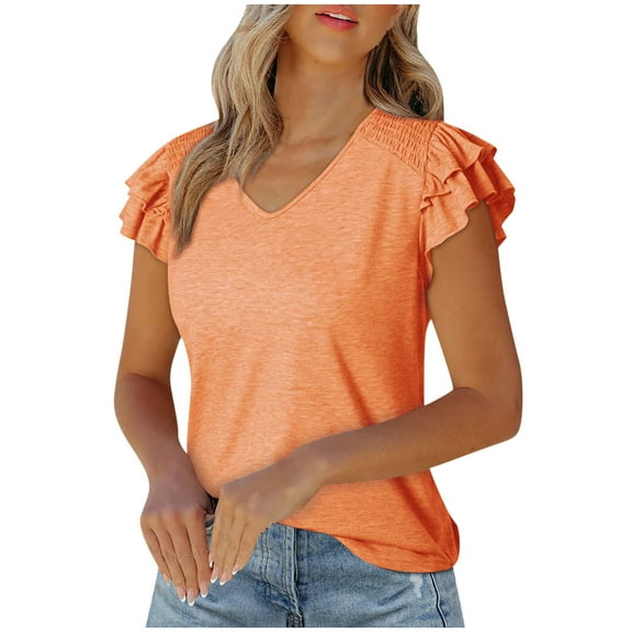Women's Cotton V Neck T Shirts Loose Fit Casual Loose Ruffle Short Sleeve Tops Summer Casual Solid Color Tunic Blouses (Orange 2XL)