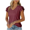 thumbnail image 1 of Women's Cotton V Neck T Shirts Loose Fit Casual Loose Ruffle Short Sleeve Tops Summer Casual Solid Color Tunic Blouses (Wine S), 1 of 1