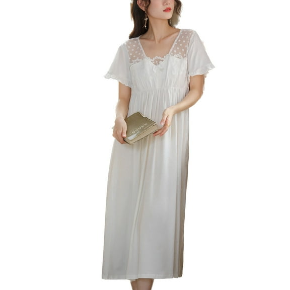 Women's Cotton Victorian Nightgown Short Sleeve V Neck High Waisted Comfy Ruffle Long Sleep Dress Pajama Dress Summer Sleepwear Illusion Lace Soft Frilly Cute White Medium