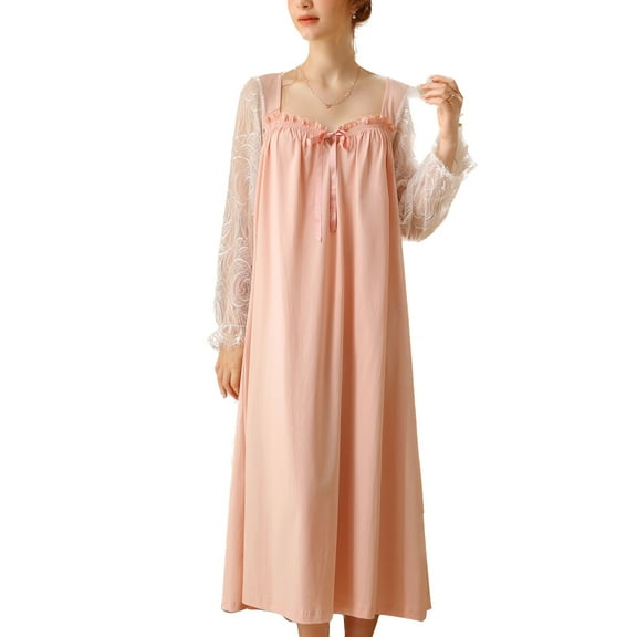 Women's Cotton Victorian Nightgown Soft Comfy Lightweight Sleepwear Sweetheart Neck Fall Pj Dress Cute Billowy Lace Sleeve Long Sleep Dress Pink Medium