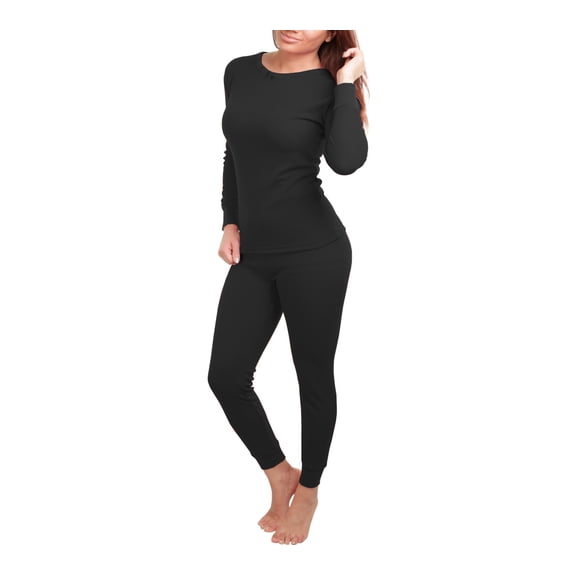 Women's Cotton Waffle Knit Thermal Underwear Stretch Shirt & Pants 2pc Set (2XL, Black)