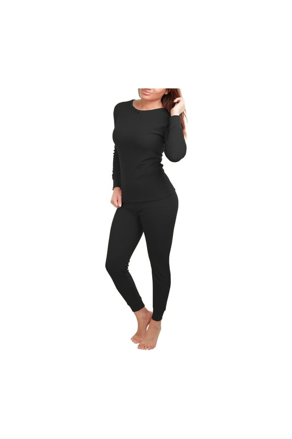 Women's Cotton Waffle Knit Thermal Underwear Stretch Shirt & Pants 2pc Set (S, Black)