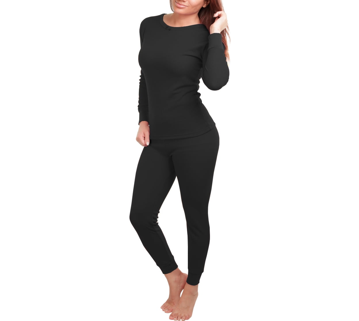 SLM THERMATEK Women's Cotton Waffle Knit Thermal Underwear Stretch Shirt & Pants 2pc Set (XL, Black)