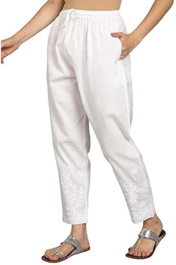 Women’s Cotton White Ankle-Length Embroidered Lucknowi Chikankari Ethnic Bottom with Elastic Waist and Side Pockets (X-Large)
