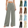 thumbnail image 1 of Women's Cotton Wide Leg Pants with Pockets, High Waist Button Loose Fit Trousers, Casual Business Travel Outdoor Work, Womens Trousers Cropped | VerBelle,Army Green L, 1 of 7
