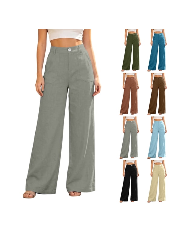 Women's Cotton Wide Leg Pants with Pockets, High Waist Button Loose Fit Trousers, Casual Business Travel Outdoor Work, Womens Trousers Cropped | VerBelle,Black M