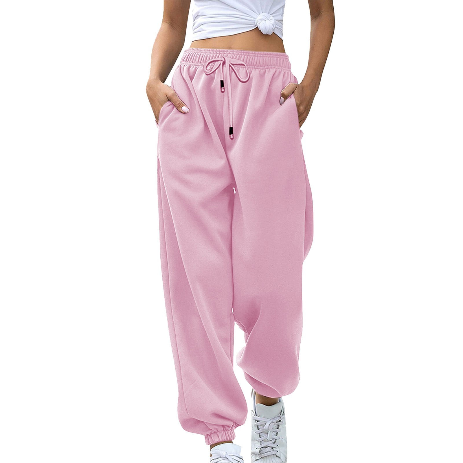 Women s Cotton Wide Leg Sweatpants with Pockets Cinch Bottom Drawstring Active Jogger Pants Elastic Waist Sportswear Large Pink