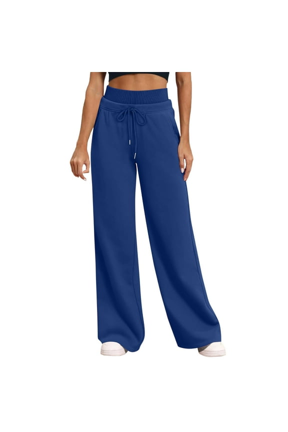 Women's Cotton Wide Leg Sweatpants with Pockets Trendy Foldover High Waist Drawstring Lounge Palazzo Trouser Pants (2XL, Blue)