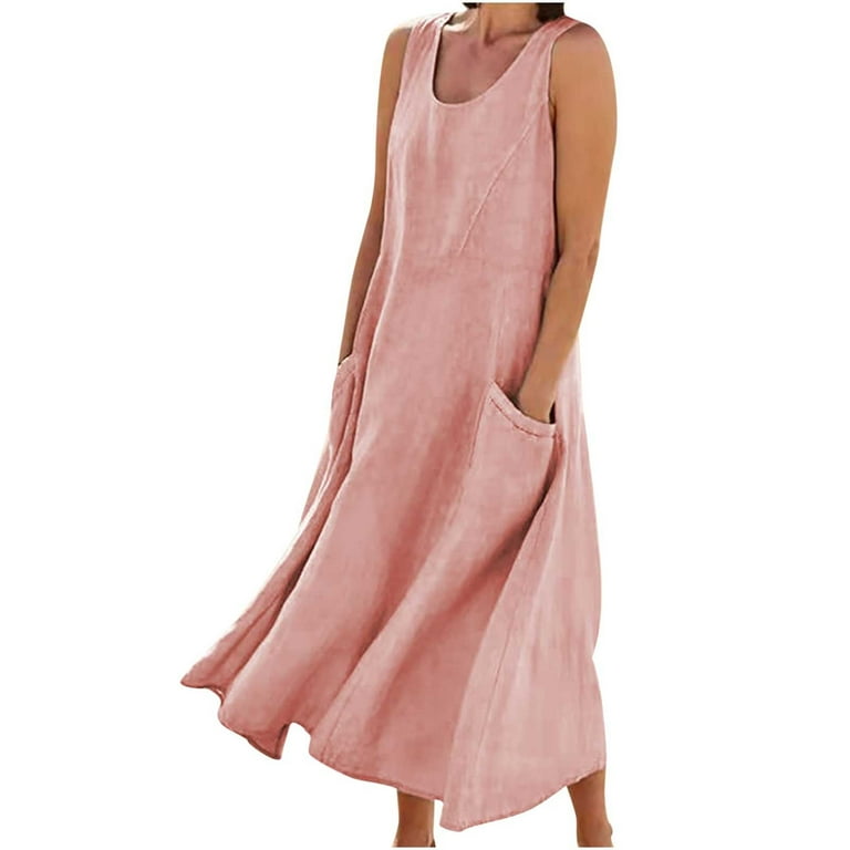 Dresses for Women Casual Cotton Linen Tank Maxi Dress Sleeveless Loose Scoop Neck Maxi Long Flowy Dresses with Pockets Walmart