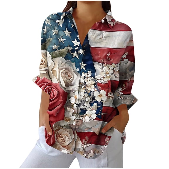 Women's Cotton and Linen Independence Day American Flag Floral Print Shirt