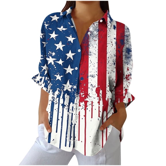 Women's Cotton and Linen Independence Day American Flag Floral Print Shirt