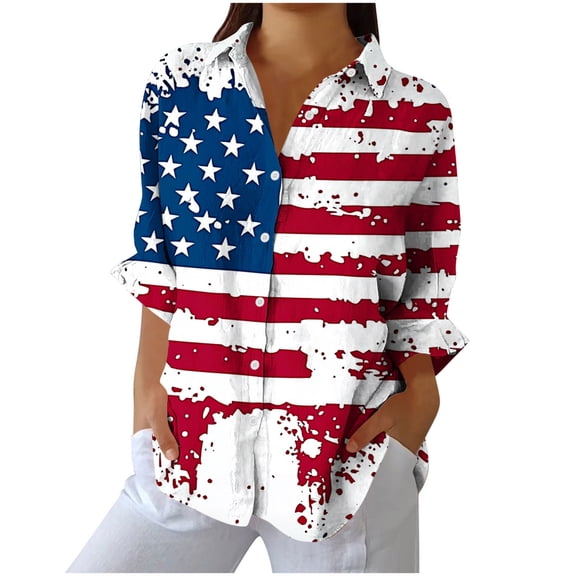 Women's Cotton and Linen Independence Day American Flag Floral Print Shirt