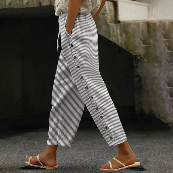 Women's Cotton and Linen Striped Pants: Elastic Waistband, White S-XXL