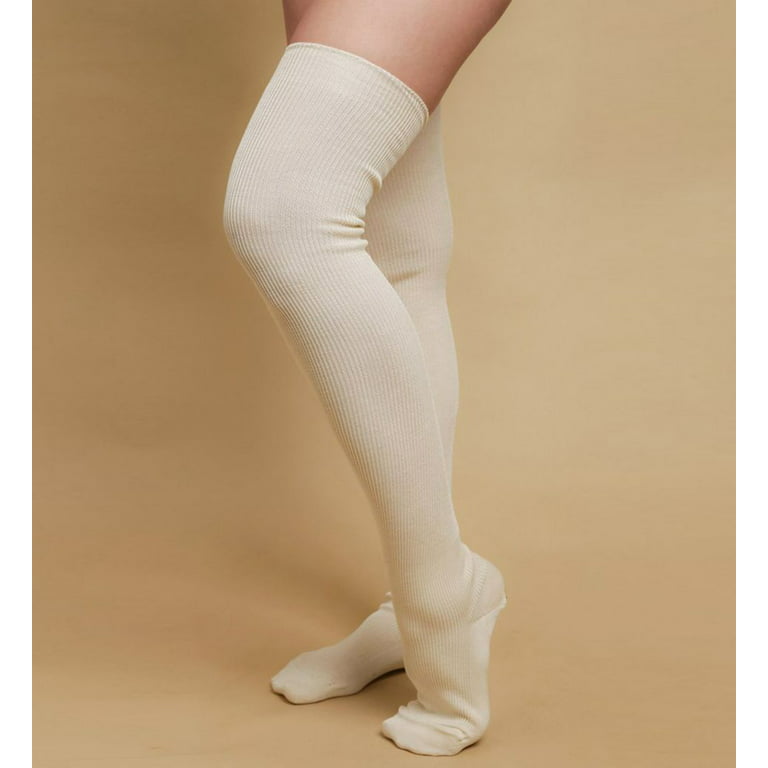 Women's Cottonique M17716 Latex-Free 100% Cotton Thigh-High Socks (Natural  XL)