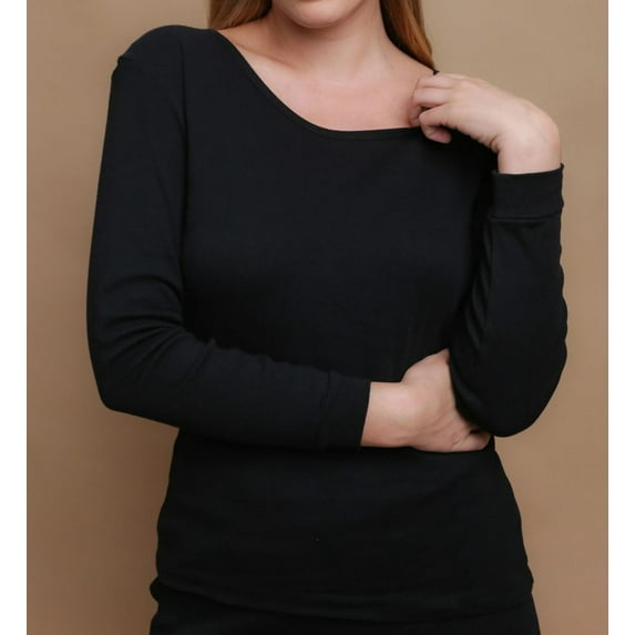 Women's Cottonique W12272 Latex Free Organic Cotton Long Sleeve Ribbed Tee (Black M)