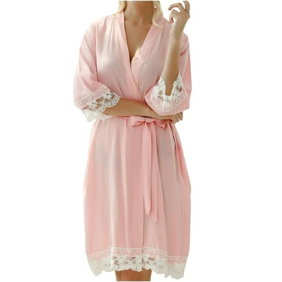 Women's Cottons Bathrobe Short Kimonos Lace Patchwork Robes Sleepwear Soft Nightgowns Pajama Skirt for Lady M