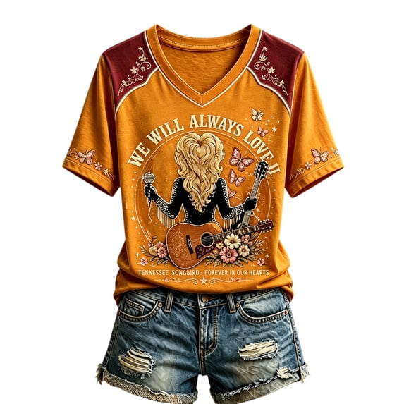 Women's Country Music Legend T-shirt Graphic Dolly Western T-shirt Short Sleeve V Neck T-shirts for Vintage Country Music Tribute,(L)