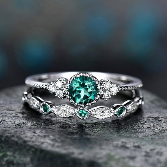Women’s Couple Rings Set – Stackable Zircon Wedding Bands, Emerald Green Fashion Jewelry for Her, Adjustable Promise Rings for Girlfriend/Wife (Size 6-10, Green Gemstone) – Gift Ready