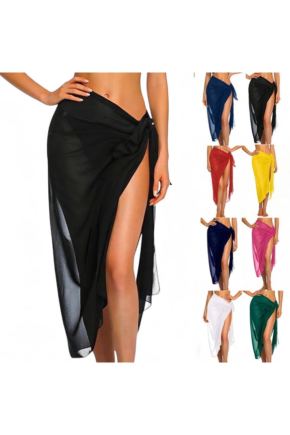 Women's Cover Up Skirts Tie Waist High Slit Midi Sarong Sheer Chiffon Mesh Beach Cover Up Swimwear Vacation Wear Swim Coverups for Women Black One Size